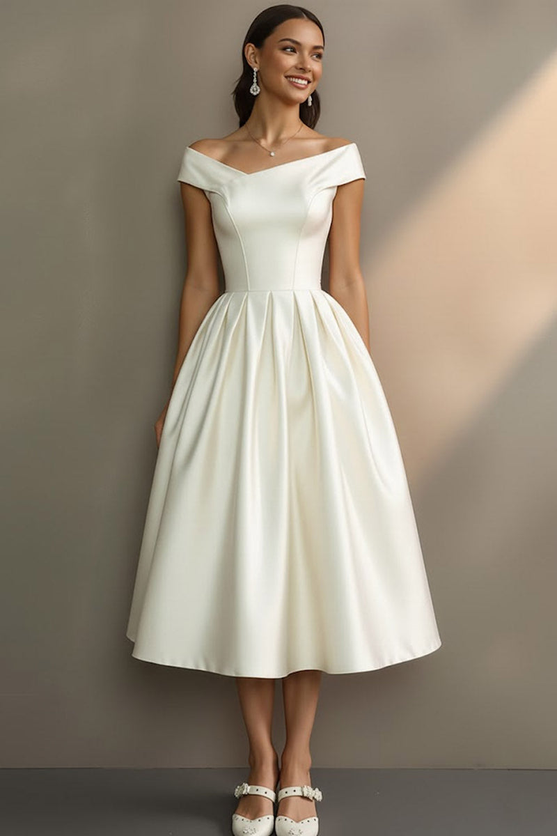 Laden Sie das Bild in den Galerie-Viewer, Leely Women Simple White Midi Engagement Dress Off the Shoulder A Line Bridal Dress