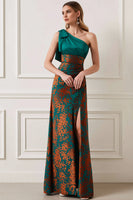Laden Sie das Bild in den Galerie-Viewer, Leely Women Peacock Green Burnout Velvet Long Wedding Guest Dress with Slit One Shoulder A Line Formal Dress with Bow