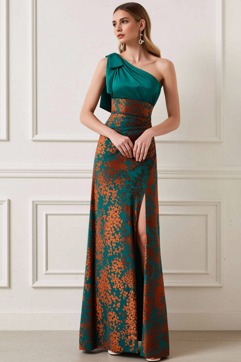 Laden Sie das Bild in den Galerie-Viewer, Leely Women Peacock Green Burnout Velvet Long Wedding Guest Dress with Slit One Shoulder A Line Formal Dress with Bow
