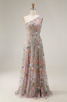 Laden Sie das Bild in den Galerie-Viewer, Blumenmuster Mauve One schulter A-Linien Langes Abendkleid mit Schlitz