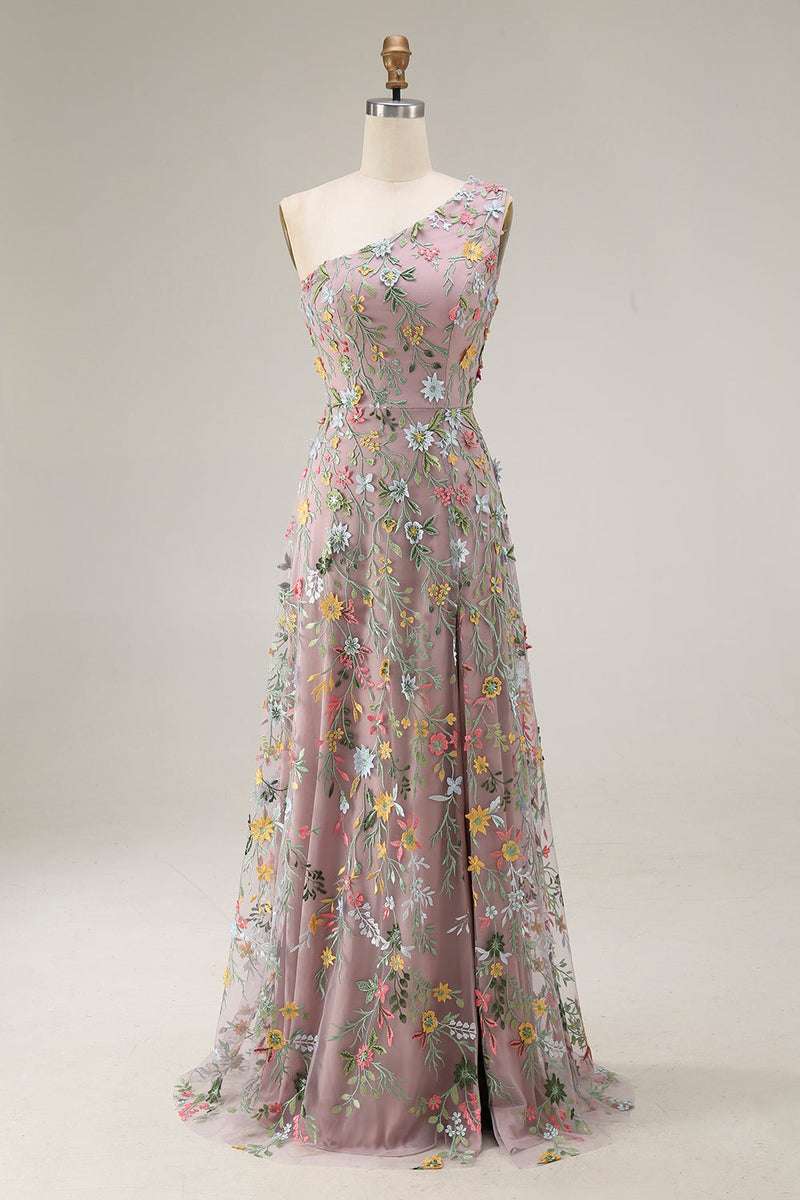 Laden Sie das Bild in den Galerie-Viewer, Blumenmuster Mauve One schulter A-Linien Langes Abendkleid mit Schlitz