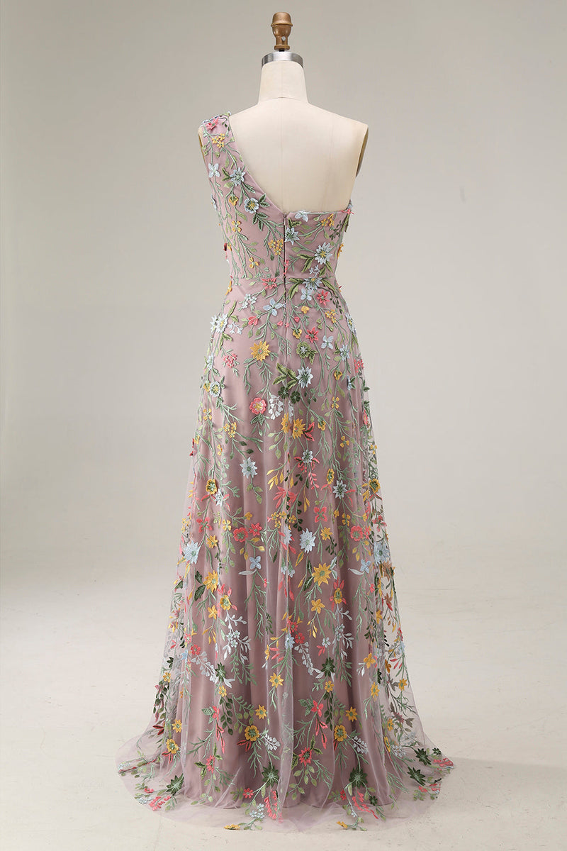 Laden Sie das Bild in den Galerie-Viewer, Blumenmuster Mauve One schulter A-Linien Langes Abendkleid mit Schlitz
