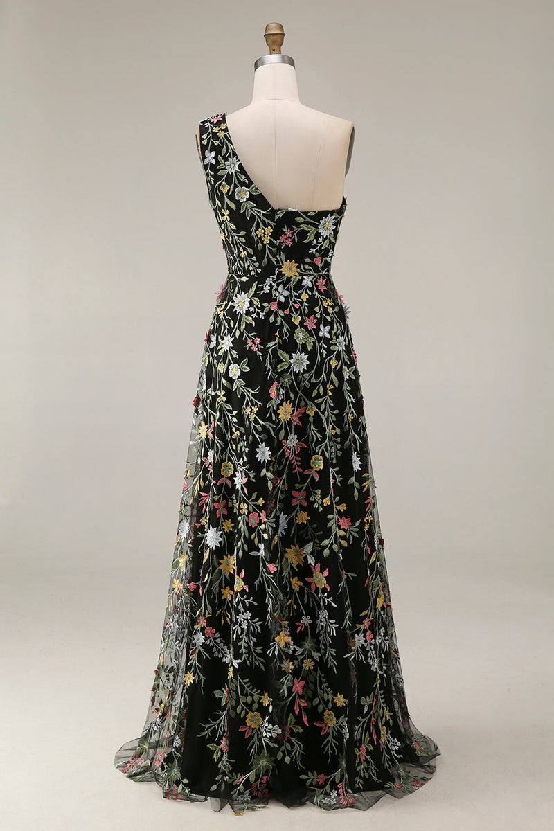 Laden Sie das Bild in den Galerie-Viewer, Blumenmuster Mauve One schulter A-Linien Langes Abendkleid mit Schlitz