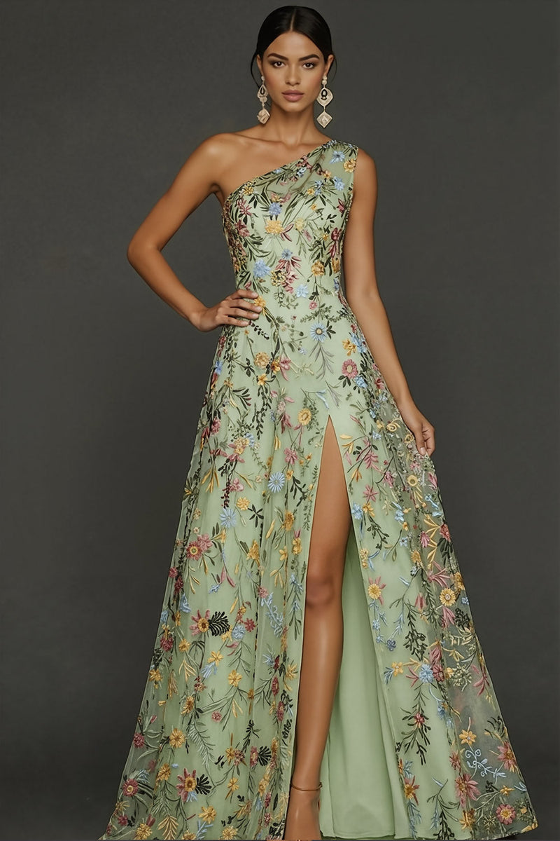 Laden Sie das Bild in den Galerie-Viewer, Leely Women Floral Pastel Overlay Green Long Prom Dress Embroidered One Shoulder A Line Gala Dress with Slit Alternative Wedding Guest Dress