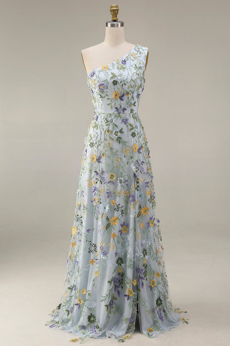 Laden Sie das Bild in den Galerie-Viewer, Blumenmuster Mauve One schulter A-Linien Langes Abendkleid mit Schlitz