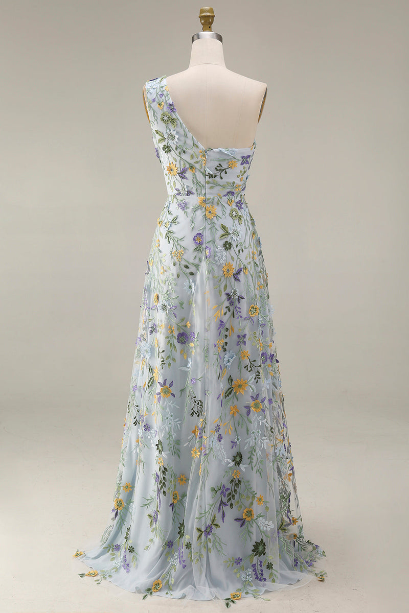 Laden Sie das Bild in den Galerie-Viewer, Blumenmuster Mauve One schulter A-Linien Langes Abendkleid mit Schlitz