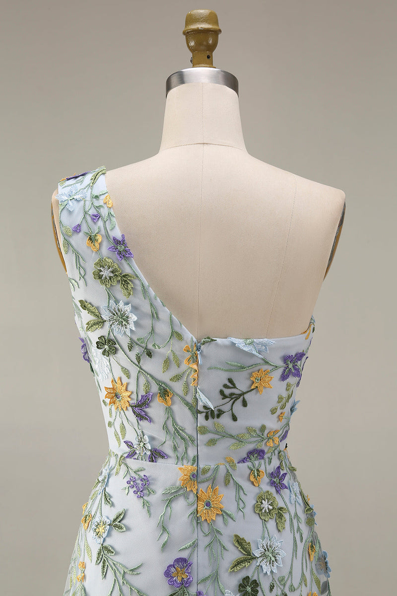 Laden Sie das Bild in den Galerie-Viewer, Blumenmuster Mauve One schulter A-Linien Langes Abendkleid mit Schlitz