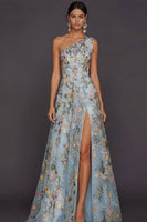 Laden Sie das Bild in den Galerie-Viewer, Leely Women Floral Pastel Overlay Light Blue Long Prom Dress Embroidered One Shoulder A Line Gala Dress with Slit Alternative Wedding Guest Dress