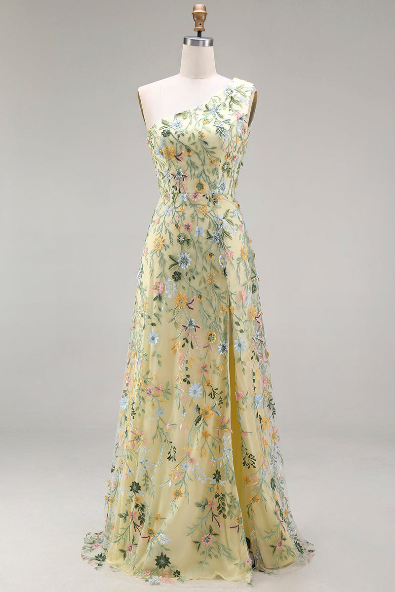 Laden Sie das Bild in den Galerie-Viewer, Blumenmuster Mauve One schulter A-Linien Langes Abendkleid mit Schlitz