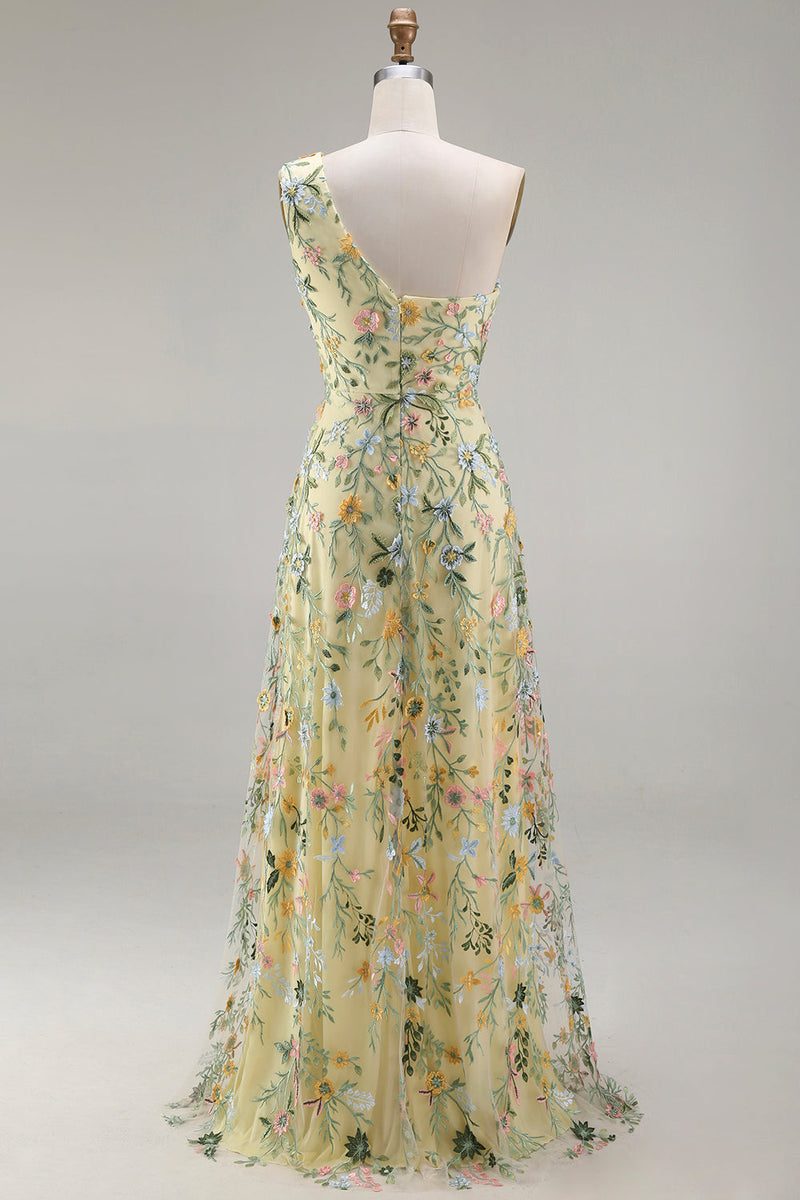Laden Sie das Bild in den Galerie-Viewer, Blumenmuster Mauve One schulter A-Linien Langes Abendkleid mit Schlitz