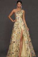 Laden Sie das Bild in den Galerie-Viewer, Blumenmuster Mauve One schulter A-Linien Langes Abendkleid mit Schlitz