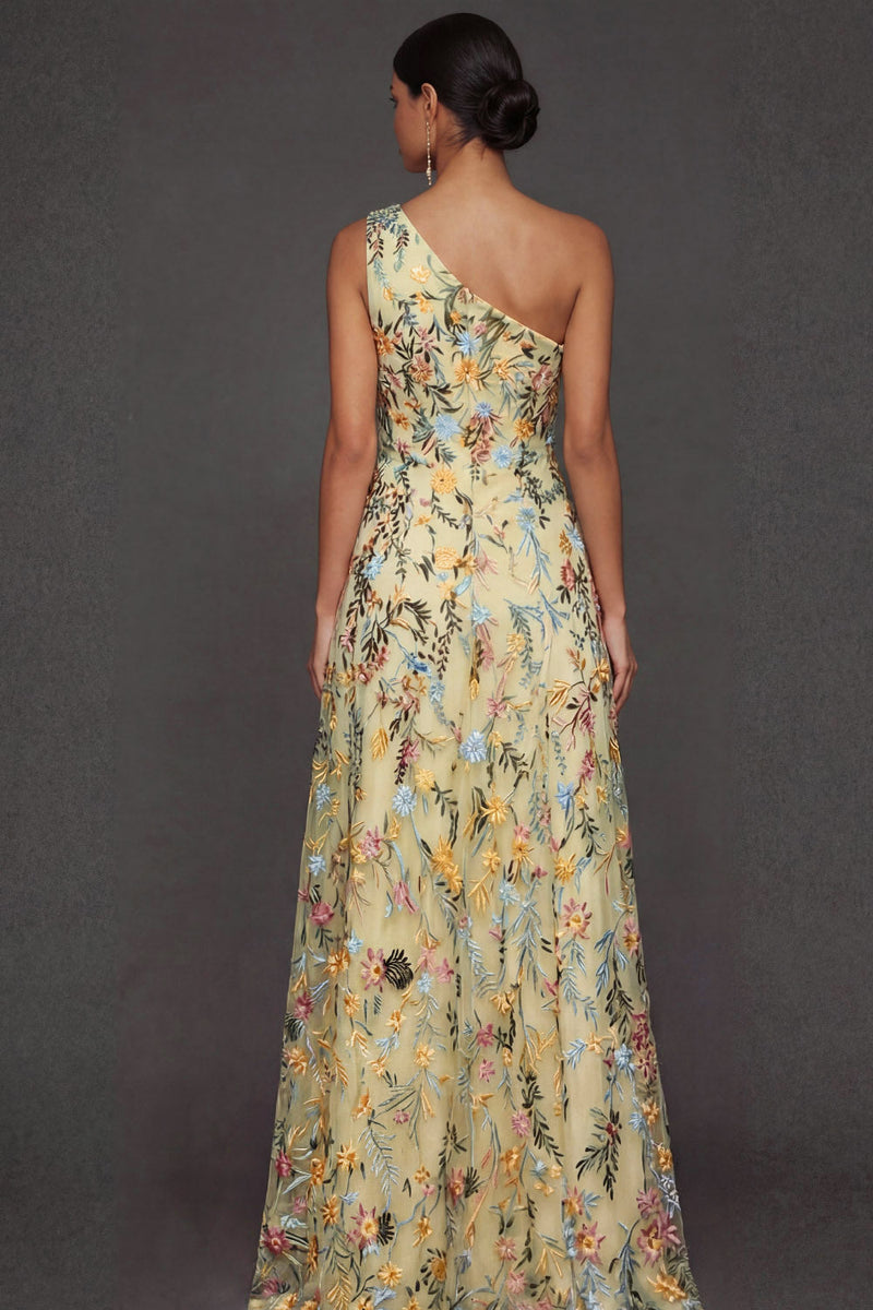 Laden Sie das Bild in den Galerie-Viewer, Blumenmuster Mauve One schulter A-Linien Langes Abendkleid mit Schlitz