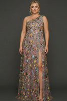 Laden Sie das Bild in den Galerie-Viewer, Blumenmuster Mauve One schulter A-Linien Langes Abendkleid mit Schlitz