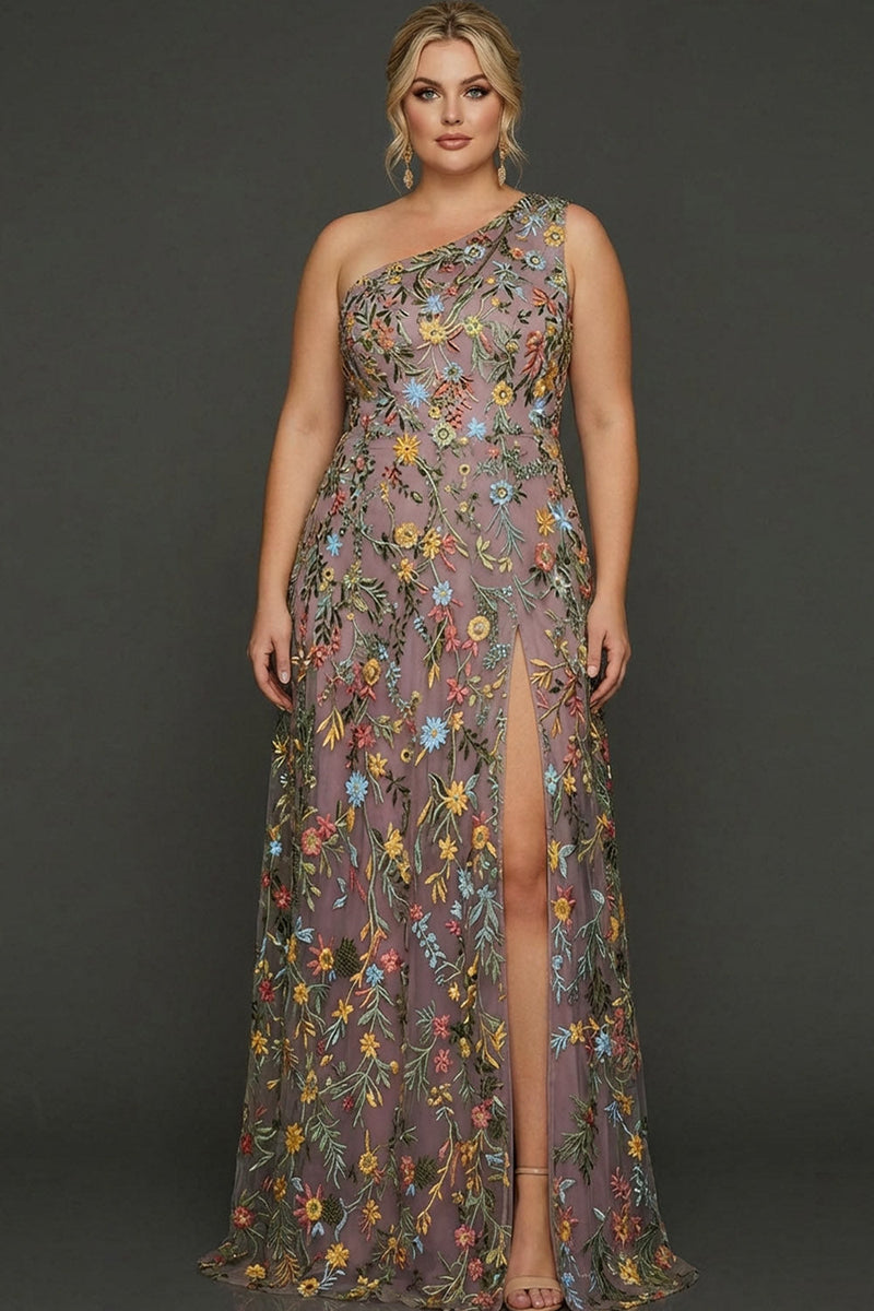 Laden Sie das Bild in den Galerie-Viewer, Blumenmuster Mauve One schulter A-Linien Langes Abendkleid mit Schlitz