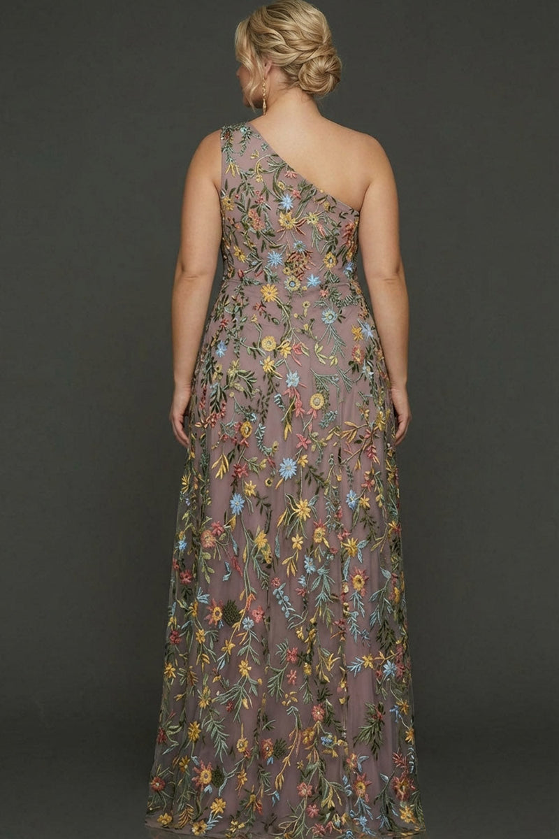 Laden Sie das Bild in den Galerie-Viewer, Blumenmuster Mauve One schulter A-Linien Langes Abendkleid mit Schlitz