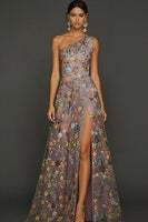 Laden Sie das Bild in den Galerie-Viewer, Leely Women Floral Pastel Overlay Mauve Long Prom Dress Embroidered One Shoulder A Line Gala Dress with Slit Alternative Wedding Guest Dress