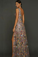 Laden Sie das Bild in den Galerie-Viewer, Blumenmuster Mauve One schulter A-Linien Langes Abendkleid mit Schlitz