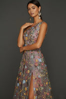 Laden Sie das Bild in den Galerie-Viewer, Blumenmuster Mauve One schulter A-Linien Langes Abendkleid mit Schlitz