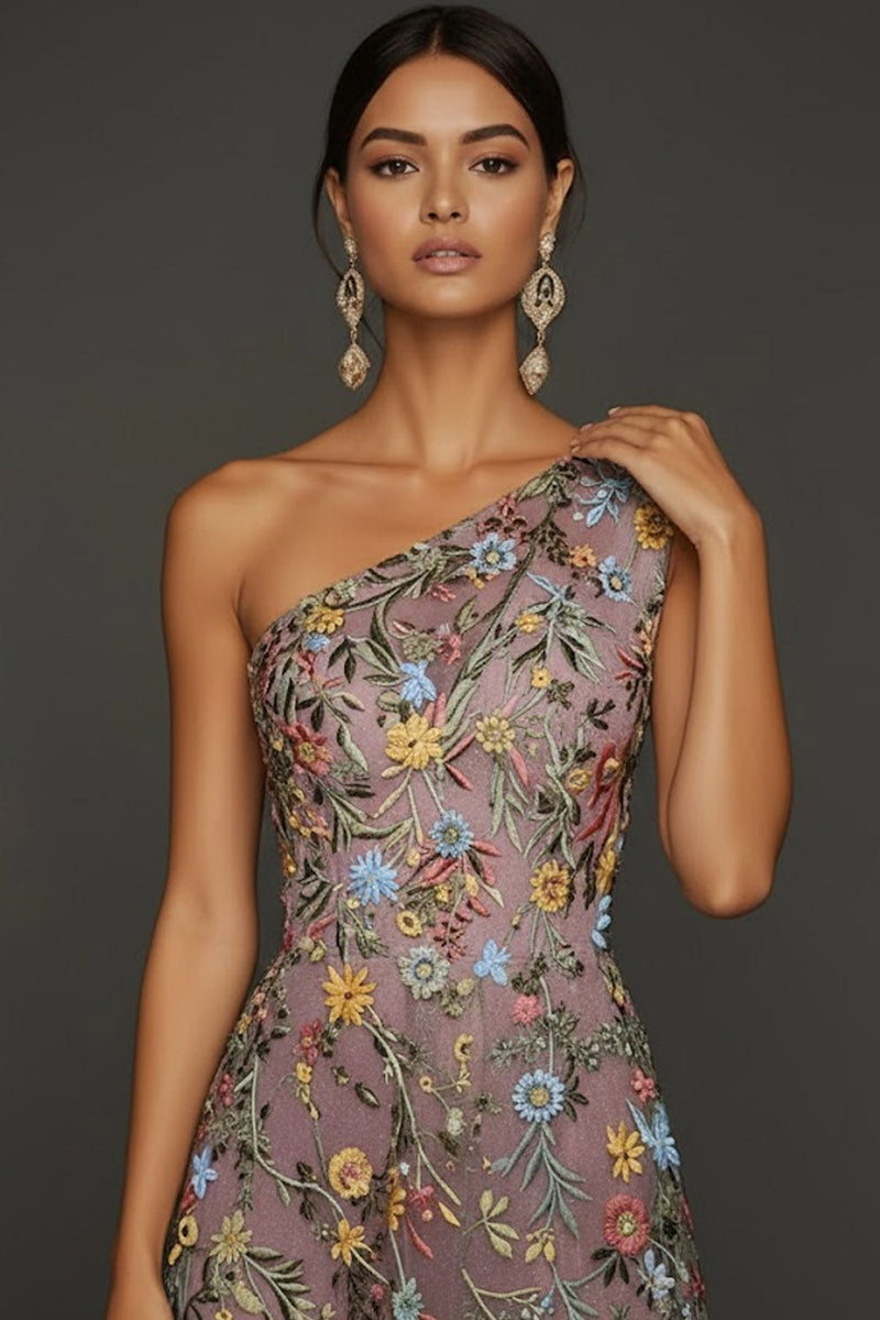 Laden Sie das Bild in den Galerie-Viewer, Blumenmuster Mauve One schulter A-Linien Langes Abendkleid mit Schlitz