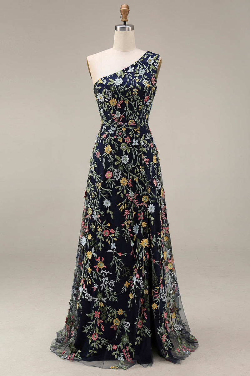 Laden Sie das Bild in den Galerie-Viewer, Blumenmuster Mauve One schulter A-Linien Langes Abendkleid mit Schlitz