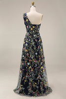 Laden Sie das Bild in den Galerie-Viewer, Blumenmuster Mauve One schulter A-Linien Langes Abendkleid mit Schlitz