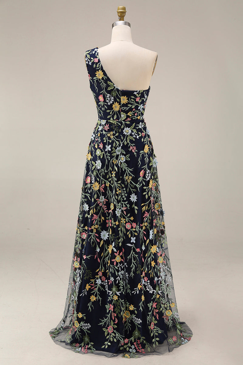 Laden Sie das Bild in den Galerie-Viewer, Blumenmuster Mauve One schulter A-Linien Langes Abendkleid mit Schlitz