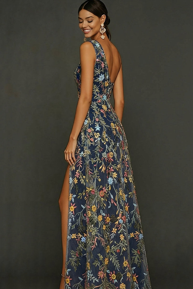 Laden Sie das Bild in den Galerie-Viewer, Blumenmuster Mauve One schulter A-Linien Langes Abendkleid mit Schlitz