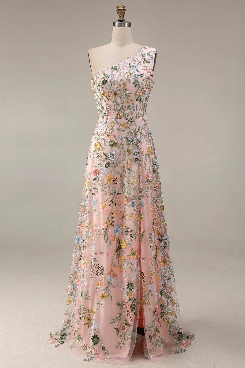 Laden Sie das Bild in den Galerie-Viewer, Blumenmuster Mauve One schulter A-Linien Langes Abendkleid mit Schlitz