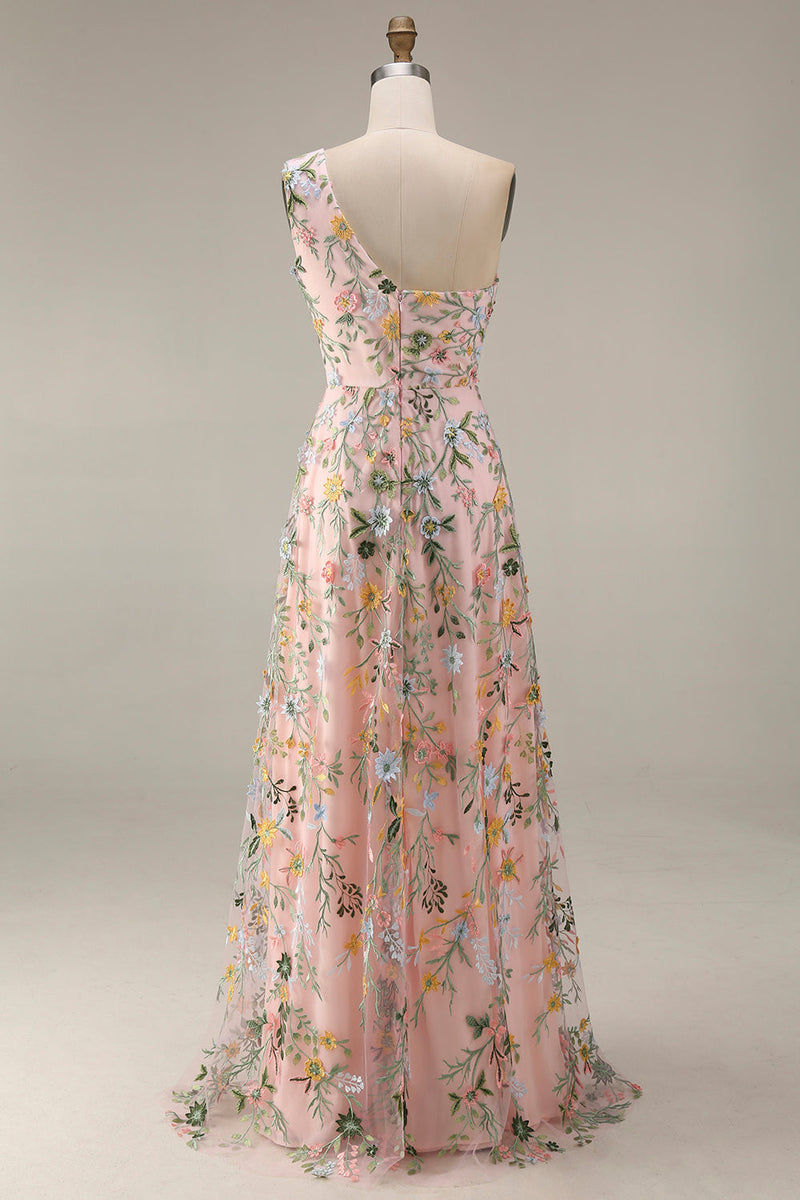 Laden Sie das Bild in den Galerie-Viewer, Blumenmuster Mauve One schulter A-Linien Langes Abendkleid mit Schlitz