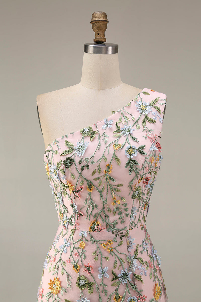 Laden Sie das Bild in den Galerie-Viewer, Blumenmuster Mauve One schulter A-Linien Langes Abendkleid mit Schlitz