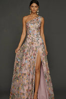 Laden Sie das Bild in den Galerie-Viewer, Leely Women Floral Pastel Overlay Pink Long Prom Dress Embroidered One Shoulder A Line Gala Dress with Slit Alternative Wedding Guest Dress