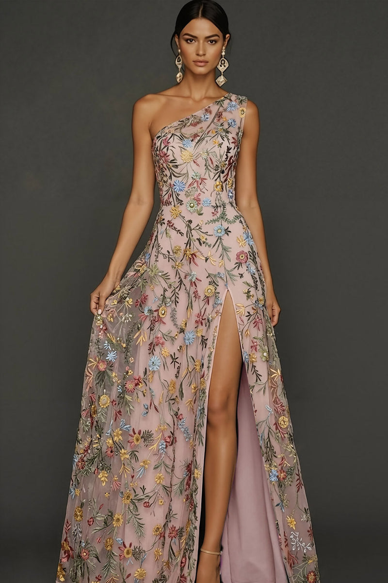 Laden Sie das Bild in den Galerie-Viewer, Leely Women Floral Pastel Overlay Pink Long Prom Dress Embroidered One Shoulder A Line Gala Dress with Slit Alternative Wedding Guest Dress