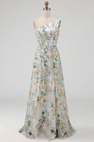 Laden Sie das Bild in den Galerie-Viewer, Blumenmuster Mauve One schulter A-Linien Langes Abendkleid mit Schlitz