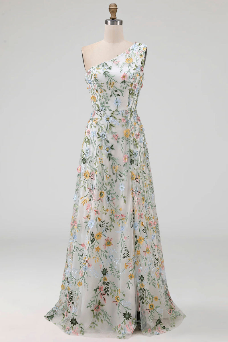 Laden Sie das Bild in den Galerie-Viewer, Blumenmuster Mauve One schulter A-Linien Langes Abendkleid mit Schlitz
