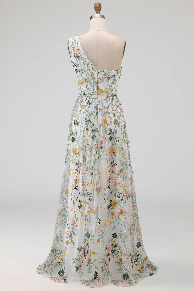 Laden Sie das Bild in den Galerie-Viewer, Blumenmuster Mauve One schulter A-Linien Langes Abendkleid mit Schlitz