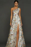 Laden Sie das Bild in den Galerie-Viewer, Leely Women Floral Pastel Overlay White Long Prom Dress Embroidered One Shoulder A Line Gala Dress with Slit Alternative Wedding Guest Dress