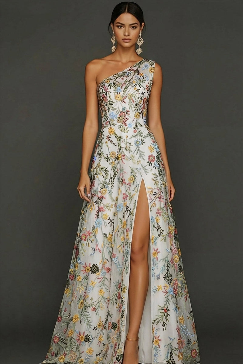 Laden Sie das Bild in den Galerie-Viewer, Leely Women Floral Pastel Overlay White Long Prom Dress Embroidered One Shoulder A Line Gala Dress with Slit Alternative Wedding Guest Dress