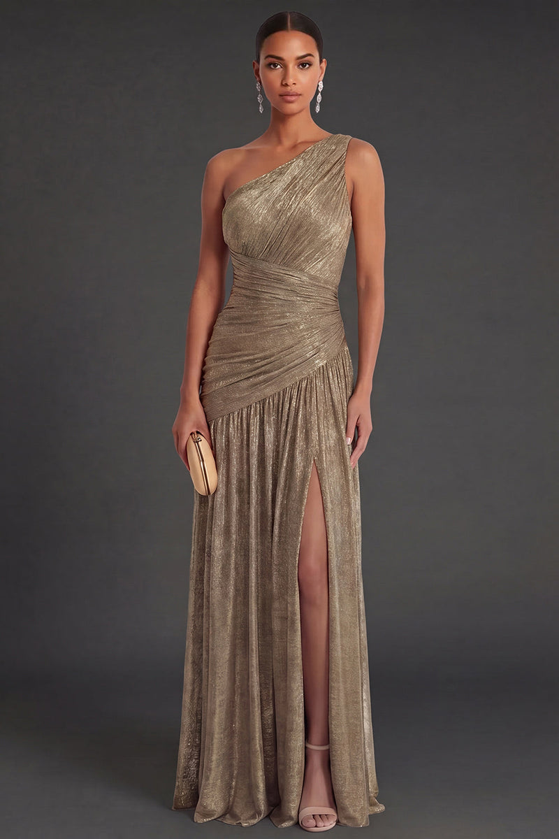 Laden Sie das Bild in den Galerie-Viewer, One schulter Gold Etuikleid Gerafft Langes Abendkleid mit Schlitz