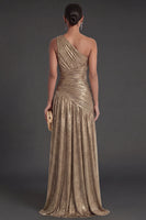 Laden Sie das Bild in den Galerie-Viewer, One schulter Gold Etuikleid Gerafft Langes Abendkleid mit Schlitz