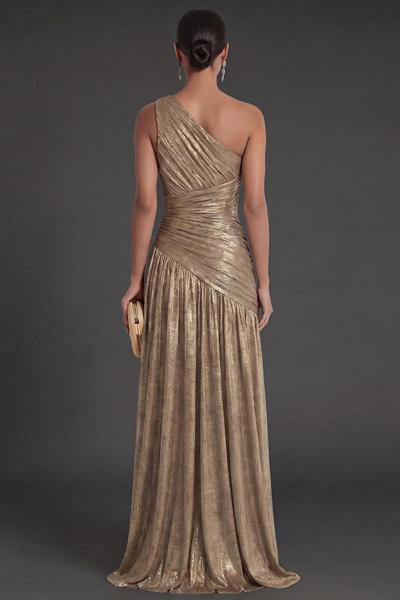 Laden Sie das Bild in den Galerie-Viewer, One schulter Gold Etuikleid Gerafft Langes Abendkleid mit Schlitz