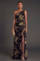 Laden Sie das Bild in den Galerie-Viewer, One schulter Gold Etuikleid Gerafft Langes Abendkleid mit Schlitz