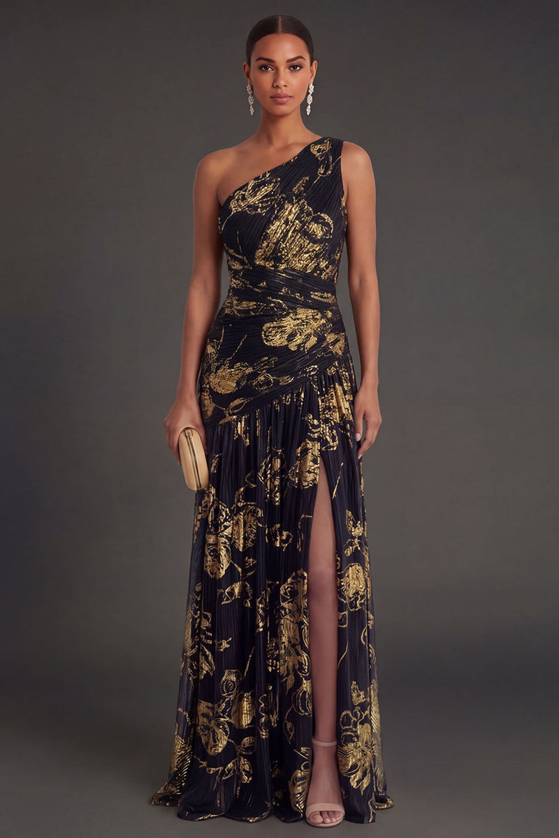 Laden Sie das Bild in den Galerie-Viewer, One schulter Gold Etuikleid Gerafft Langes Abendkleid mit Schlitz