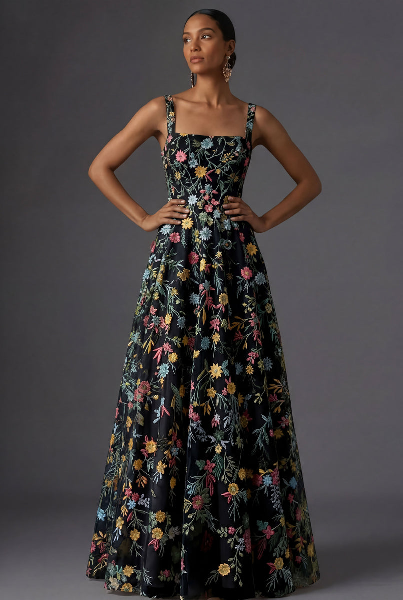 Laden Sie das Bild in den Galerie-Viewer, Mauve Blumenmuster Breite Träger A-Linien Stickerei Maxi Abendkleid