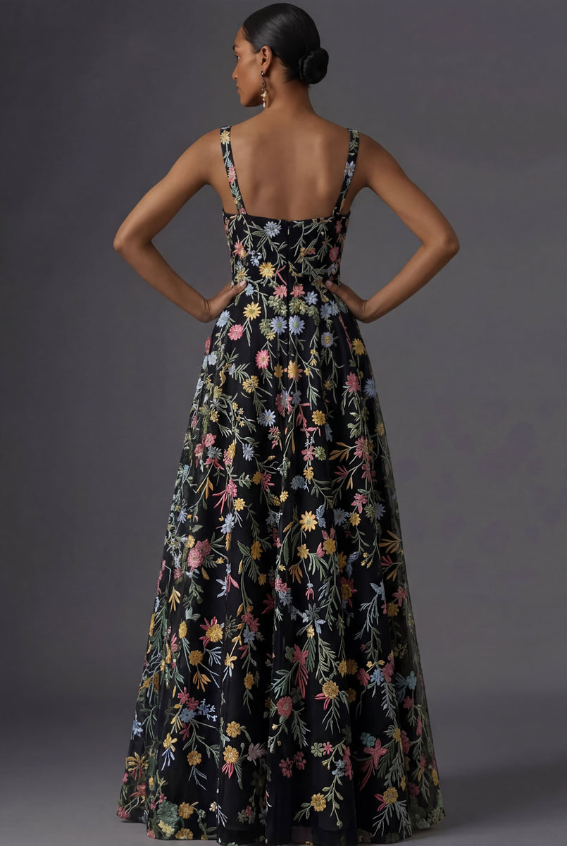Laden Sie das Bild in den Galerie-Viewer, Mauve Blumenmuster Breite Träger A-Linien Stickerei Maxi Abendkleid