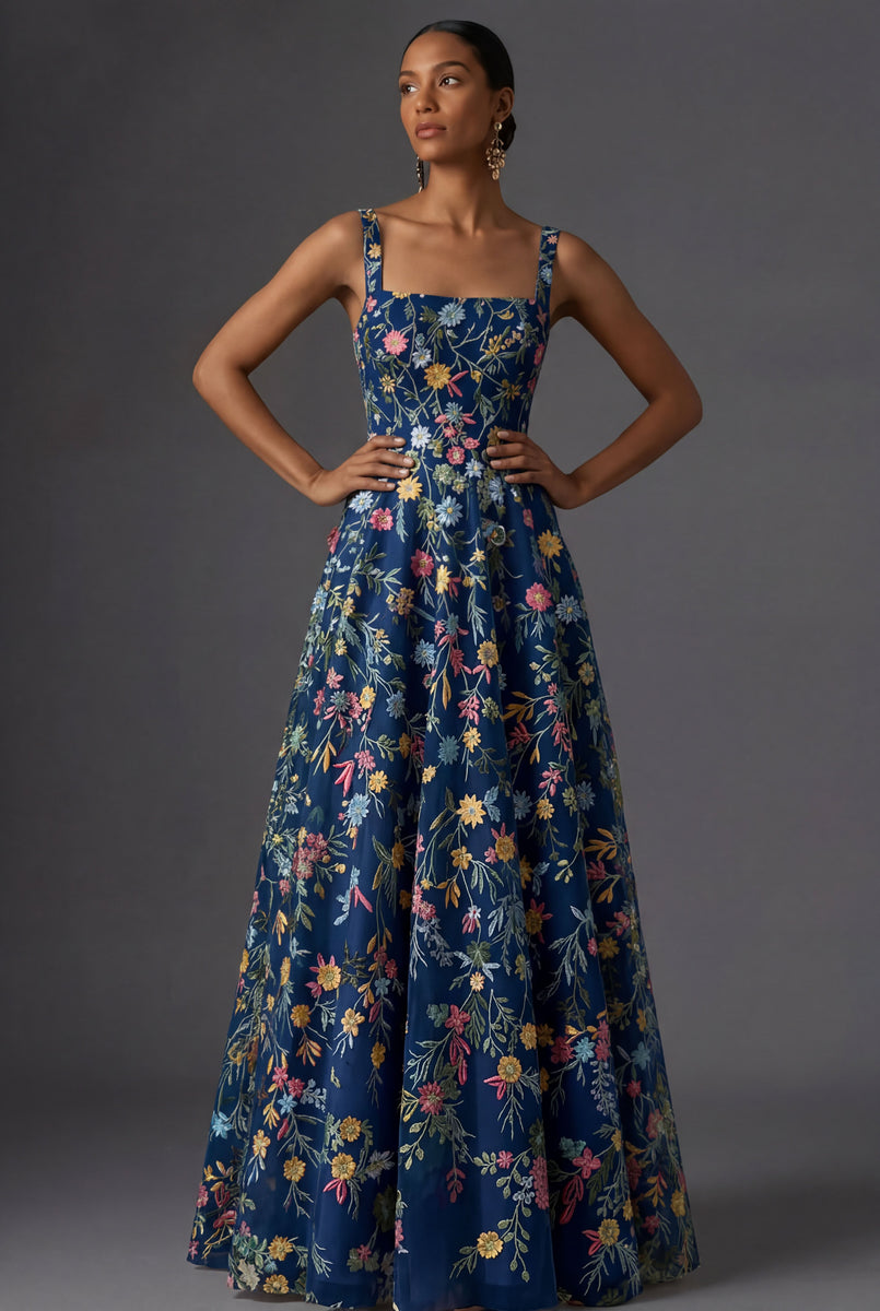 Laden Sie das Bild in den Galerie-Viewer, Mauve Blumenmuster Breite Träger A-Linien Stickerei Maxi Abendkleid