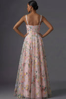 Laden Sie das Bild in den Galerie-Viewer, Mauve Blumenmuster Breite Träger A-Linien Stickerei Maxi Abendkleid