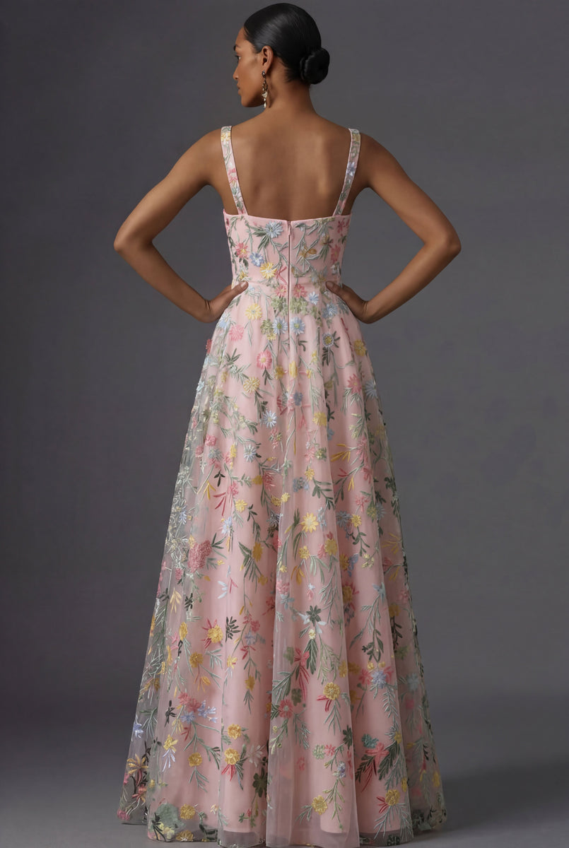 Laden Sie das Bild in den Galerie-Viewer, Mauve Blumenmuster Breite Träger A-Linien Stickerei Maxi Abendkleid