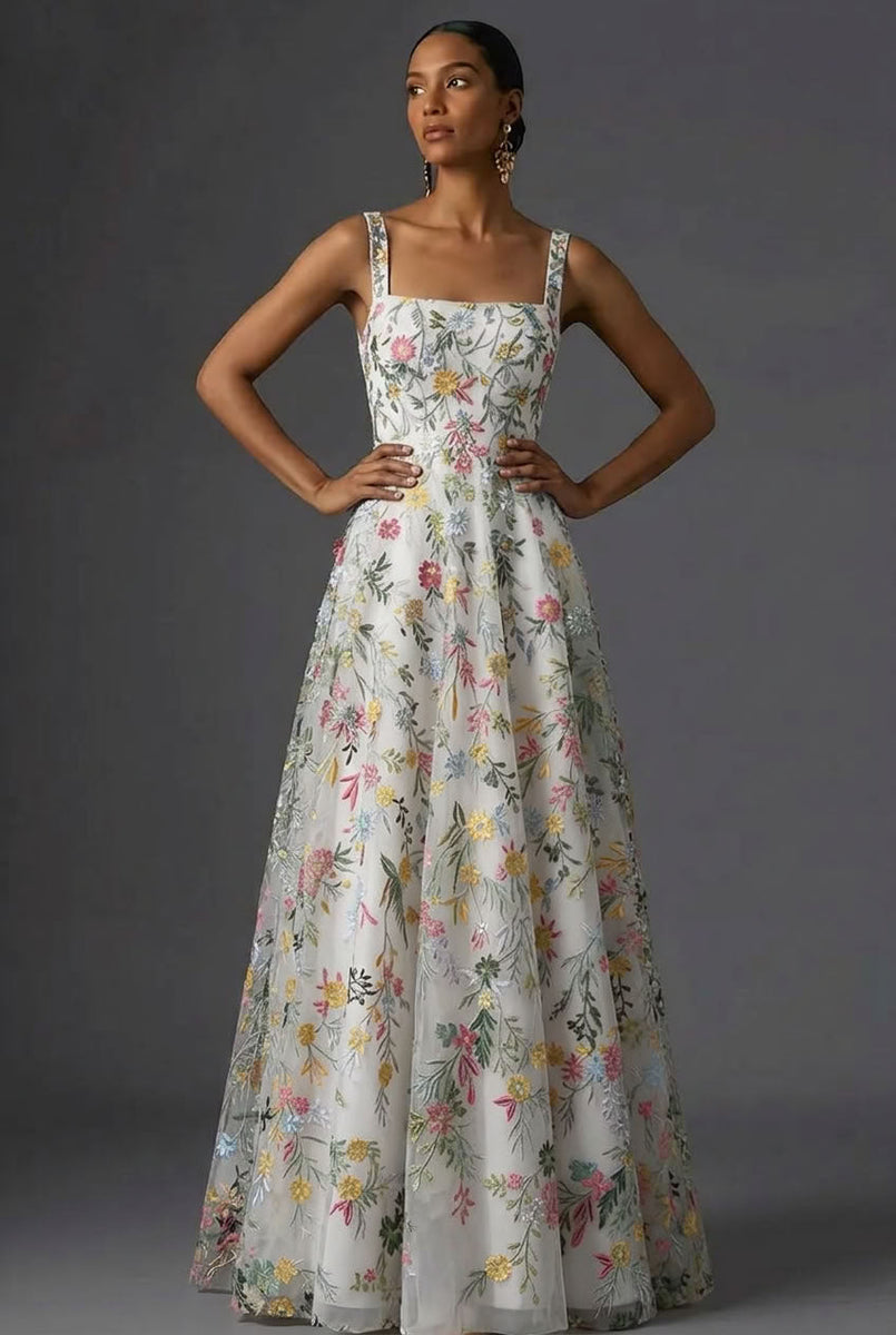 Laden Sie das Bild in den Galerie-Viewer, Mauve Blumenmuster Breite Träger A-Linien Stickerei Maxi Abendkleid