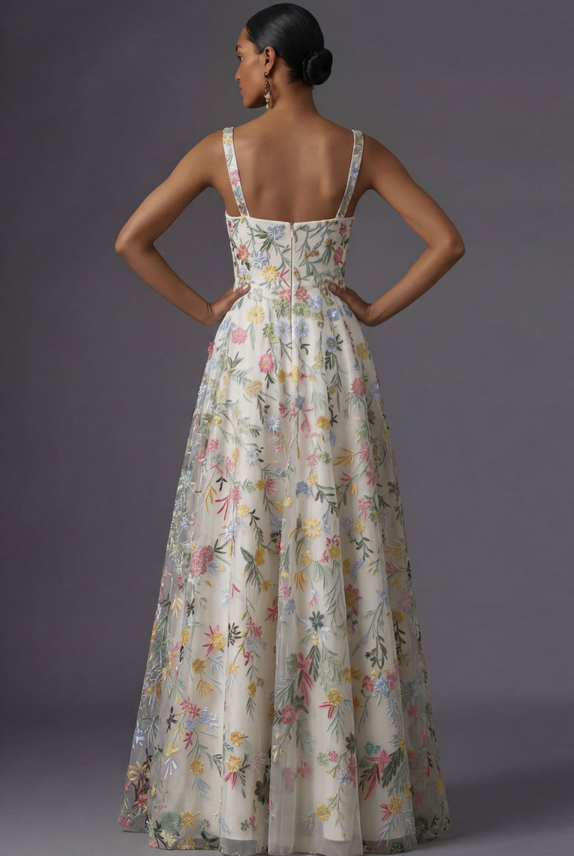 Laden Sie das Bild in den Galerie-Viewer, Mauve Blumenmuster Breite Träger A-Linien Stickerei Maxi Abendkleid