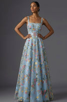 Laden Sie das Bild in den Galerie-Viewer, Mauve Blumenmuster Breite Träger A-Linien Stickerei Maxi Abendkleid